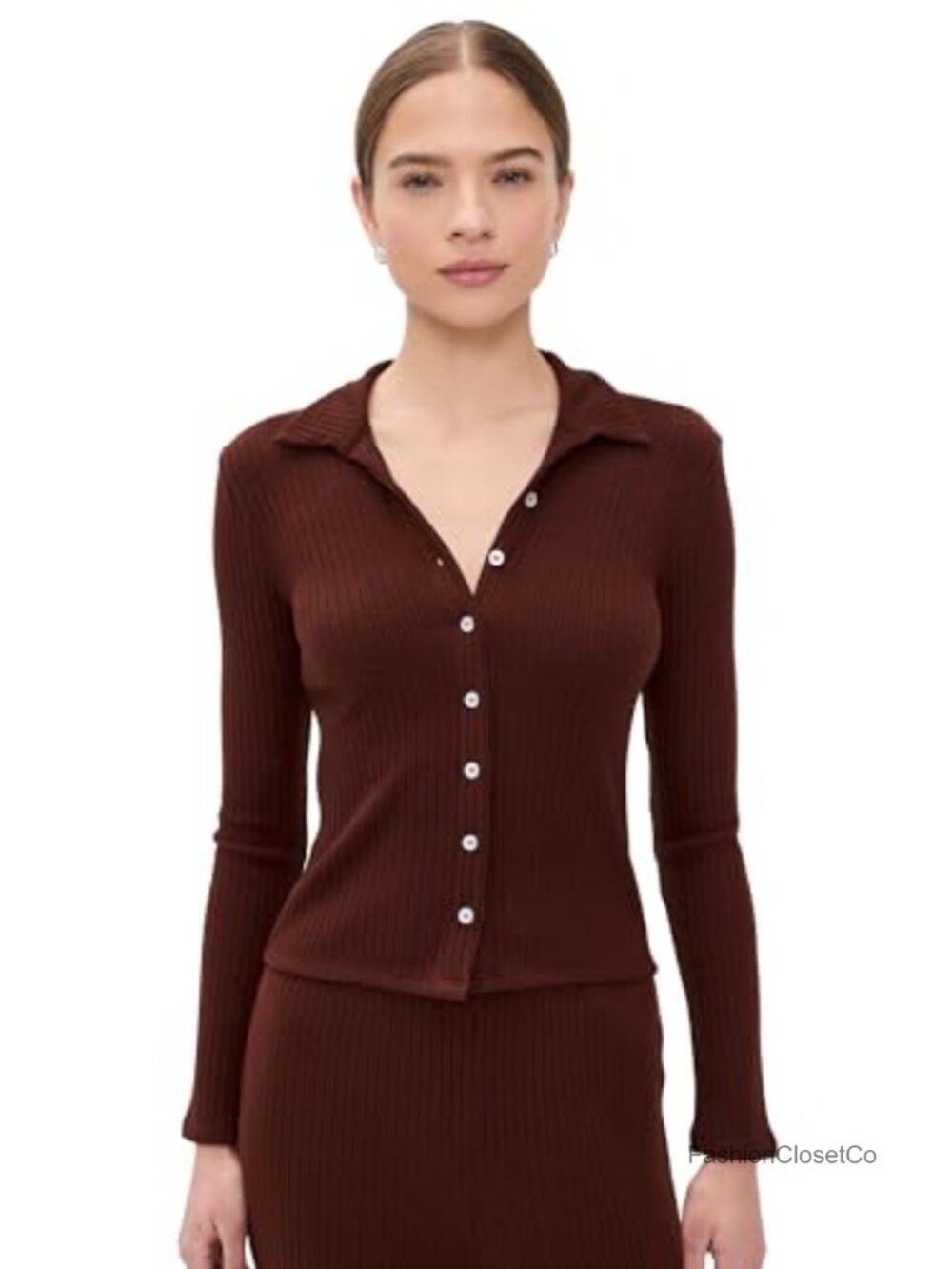 LE BOP Mia Ribbed Cardigan Lightweight Stretch Collared Neck Button